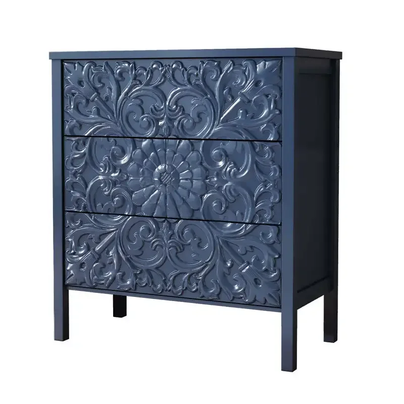 Simple navy blue carved wood dresser with 3 storage compartments for bedroom or living room organization