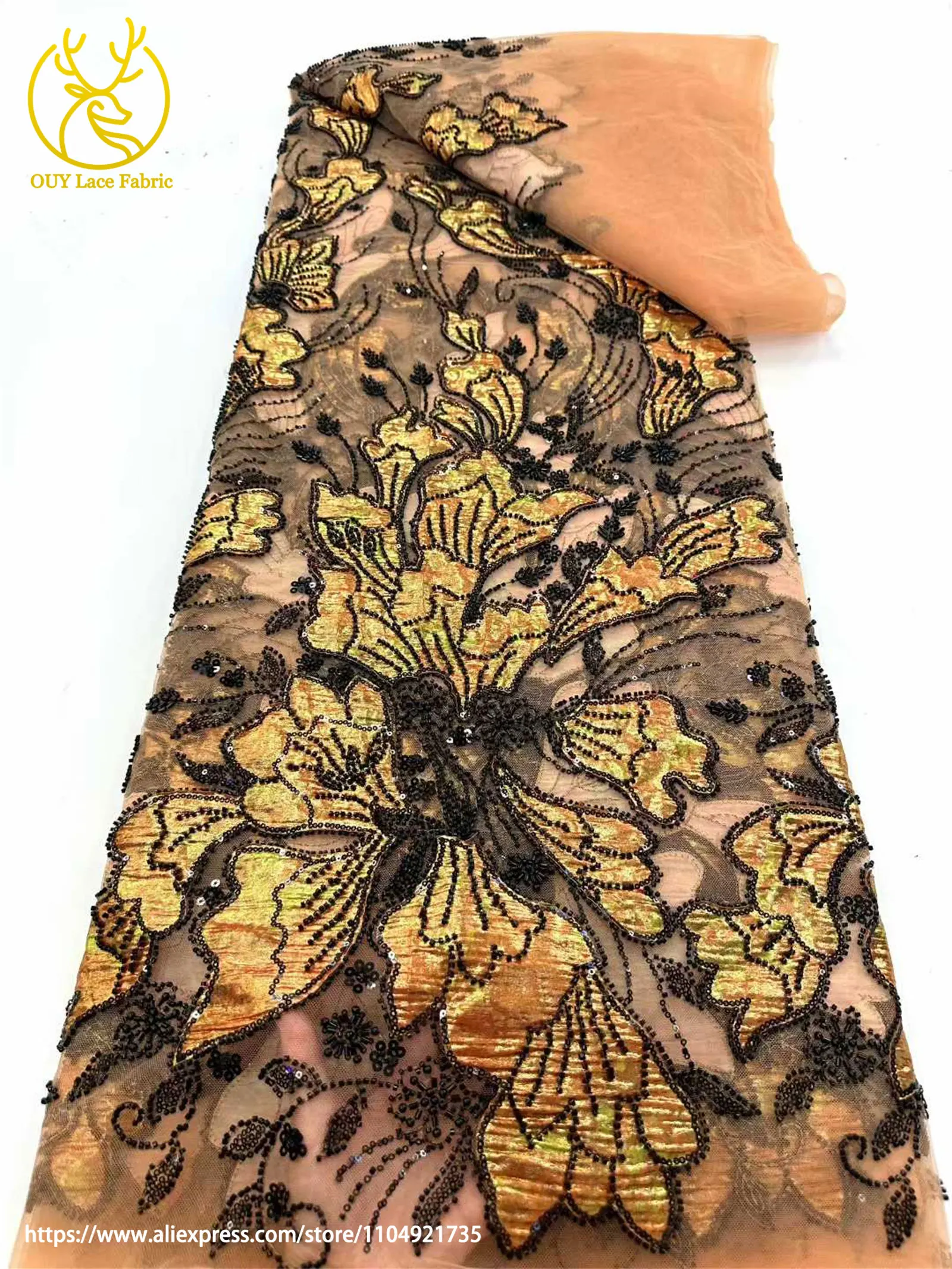 Afrikanischer Jacquard-Perlenstickerei-Spitzenstoff 2026 Französischer Tüll-Pailletten-Spitzenstoff für Damen-Hochzeitskleider Nähmaterial – Detail 4