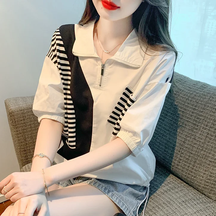 Design Sense Splicing Color Blocked Shirt Women's Summer Outfit New Fashionable Casual Versatile Top