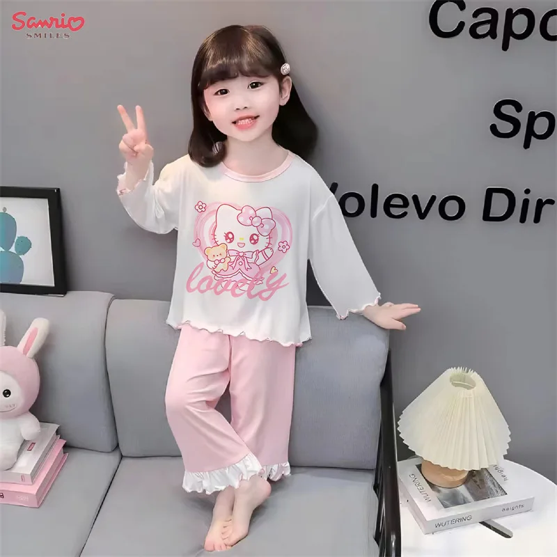 

Sanrio Hello Kitty Kuromi Children's Pajamas Cinnamoroll My Melody Round Neck Cartoon Anime Kids Set Long Sleeved Thin Girls Set