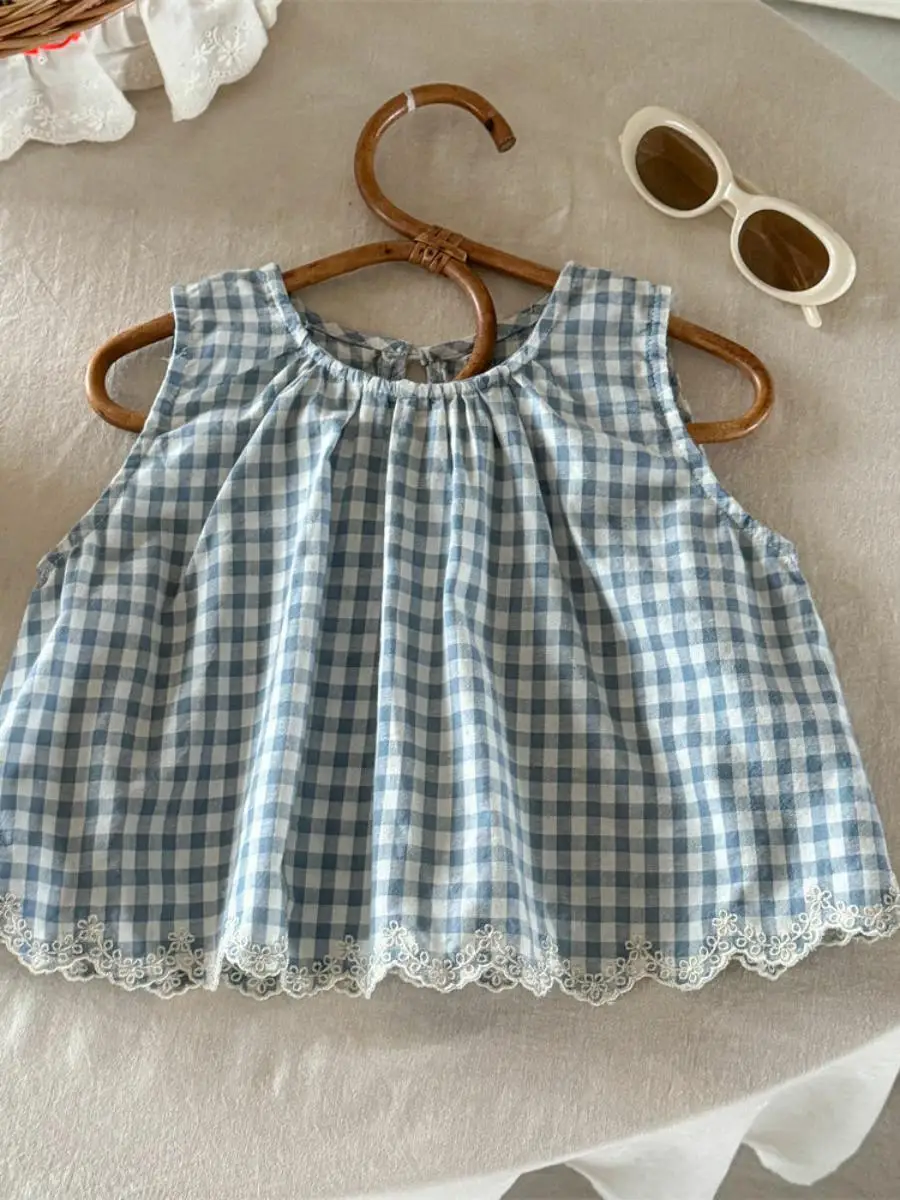 女の子用サマープレイドベースTシャツ、スウィートフレキシブル韓国デザイン子供服、2025年新作、ノーブランド