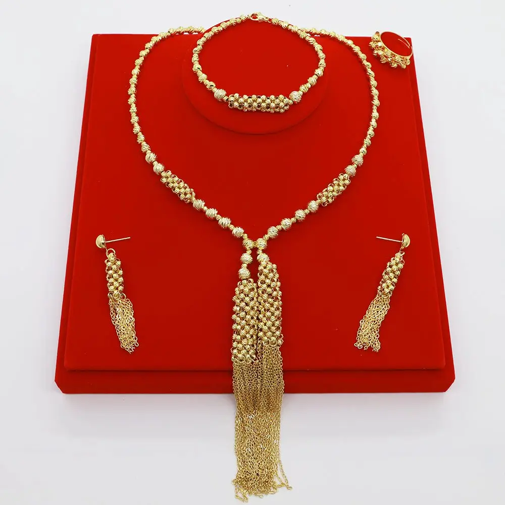 

Dubai Elegant Women Jewelry Set 18k Gold Plated Tassel Round Beads Necklace Earrings Bracelet And Ring For Wedding Party Gift