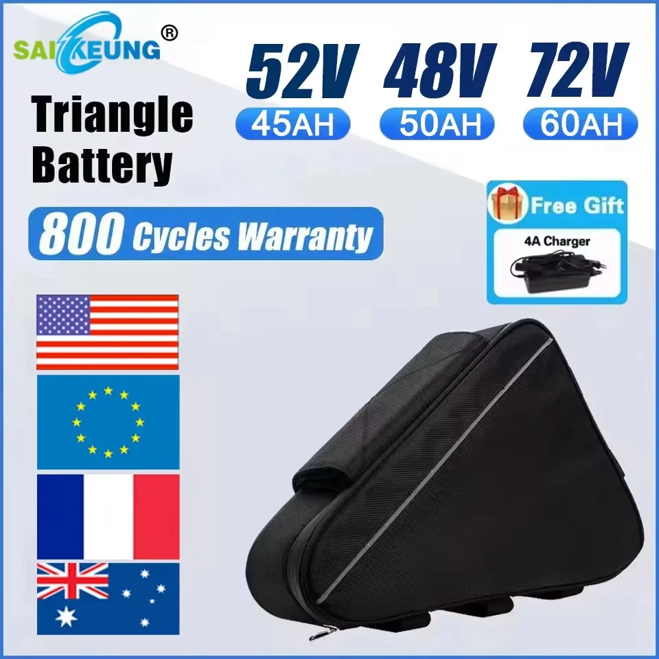 Electric Bike Triangle 72V 60V 52V 60AH Battery Cham Rider Battery 48v 45ah 50ah 40ah 30 25AH 100A BMS Huge Capacity 2000w 3000W