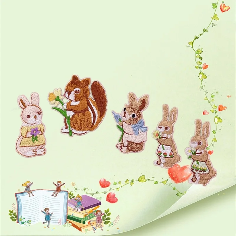 5PCS New rabbit cloth stickers bag decoration clothes hole patch stickers squirrel flower embroidery cloth stickers self-adhesiv