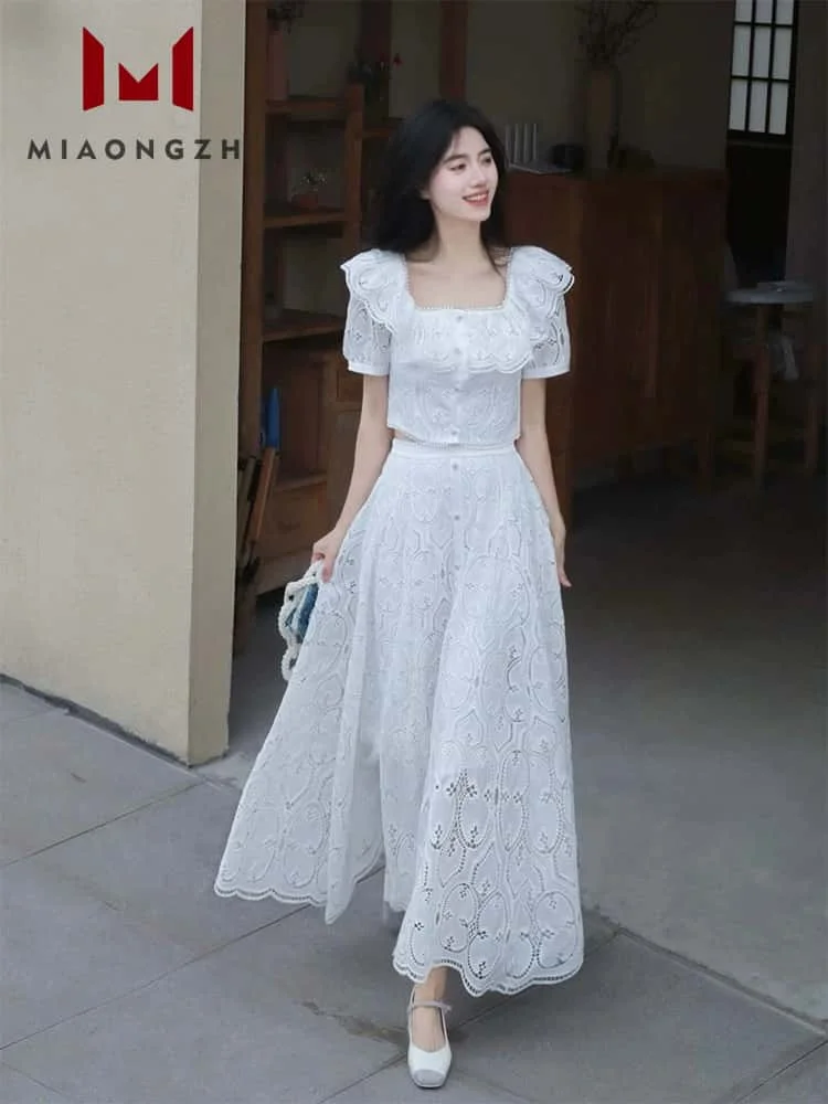 

2025 Summer New White Lace Hollow Oot 2 Pieces Set Women's Ruffle Square Collar Short Sleeve Top + High Waist Fashion Skirt Chic