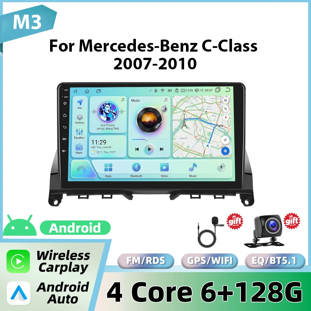 Podofo draadloze CarPlay voor Apple voor Mercedes-Benz C-Klasse W204 S204 2007-2010 Android Auto autoradio GPS FM/RDS stereo WiFi BT