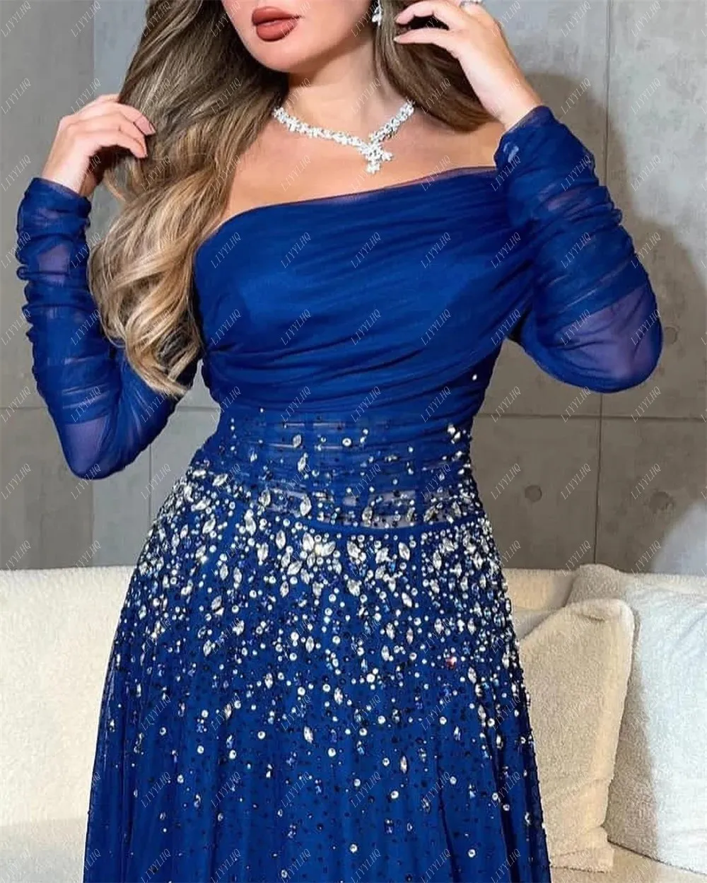 LIYYLHQ Elegant Dark Blue Prom Dresses Long Sleeves A-line Sexy Beading For Evening Party Gowns Robes De Soirée