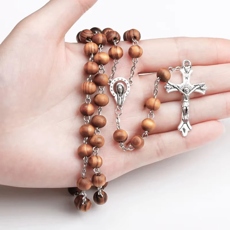 8MM Wood Rosary Beads Necklace For Women Men Catholic Jesus Christ Cross Crucifix Pendant Long Chain Religious Jewelry