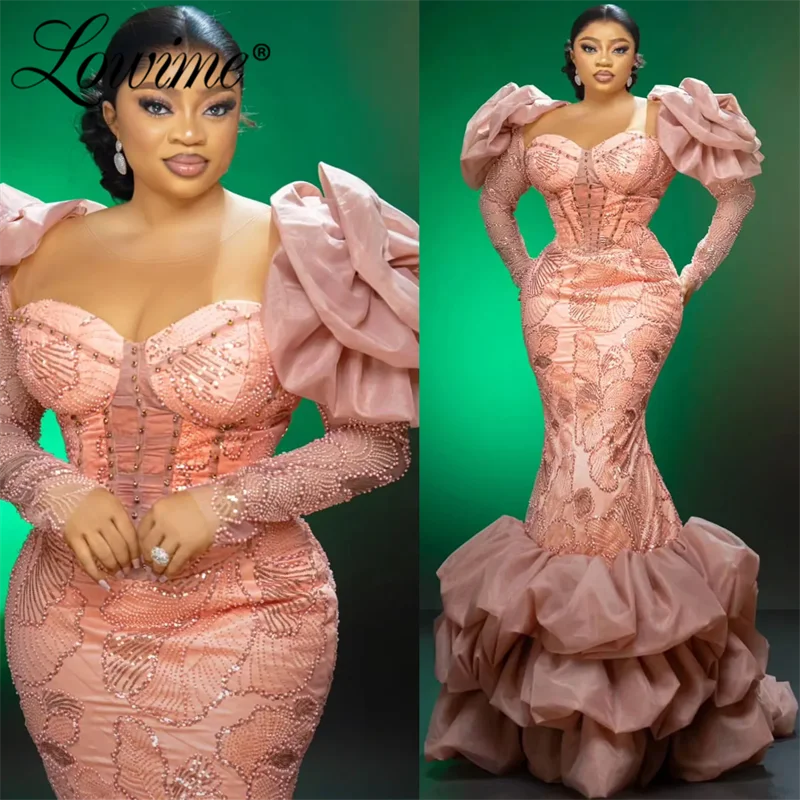 

Peach Pink Mermaid Prom Dresses Long Sleeves Arabic African Evening Gowns 2024 Party Second Reception Birthday Engagement Dress