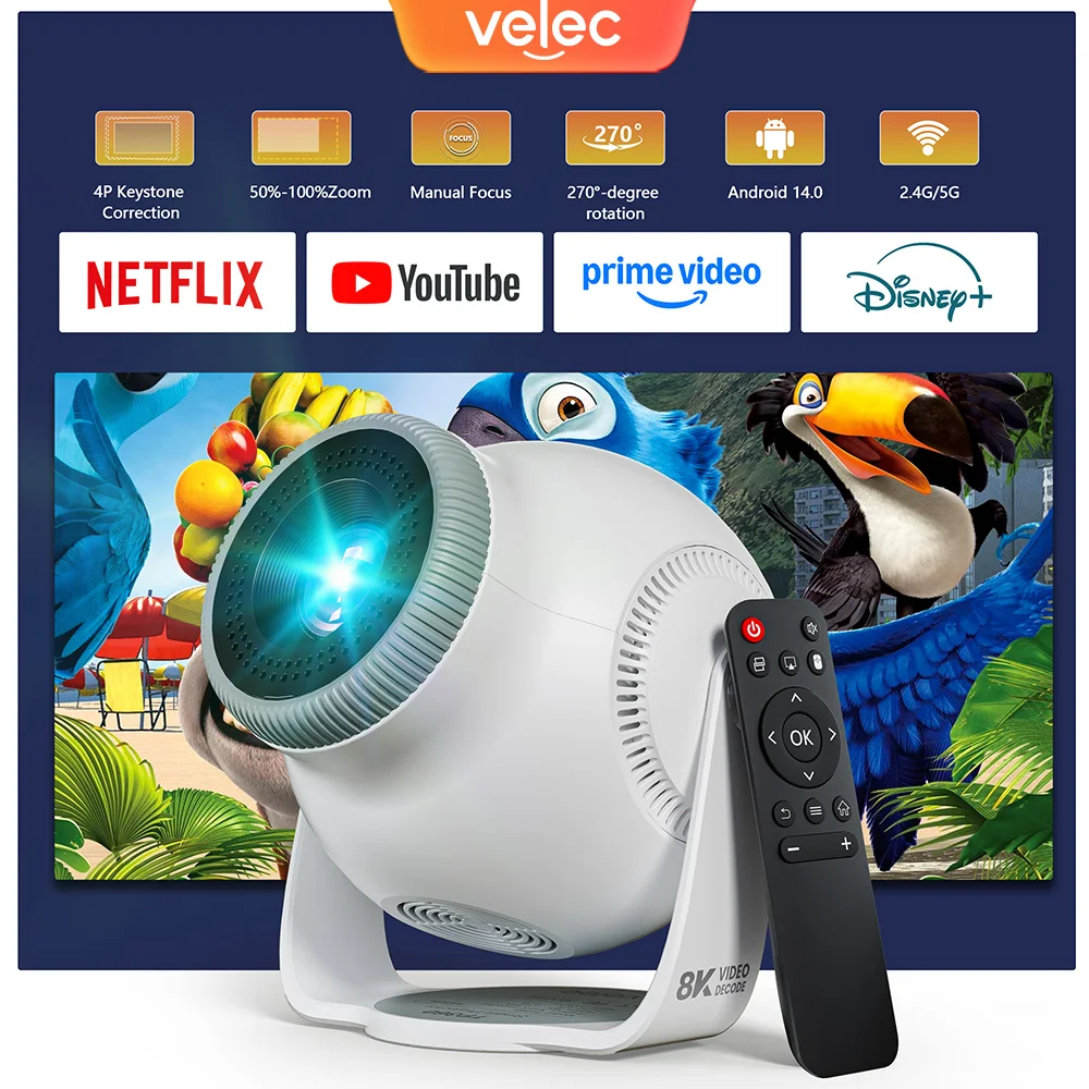 Velec TP360 Mini Projector 8K Decoding Android 14 Auto Focus 450 ANSI 720P HD Portable Outdoor Movie Projector for Home Theater