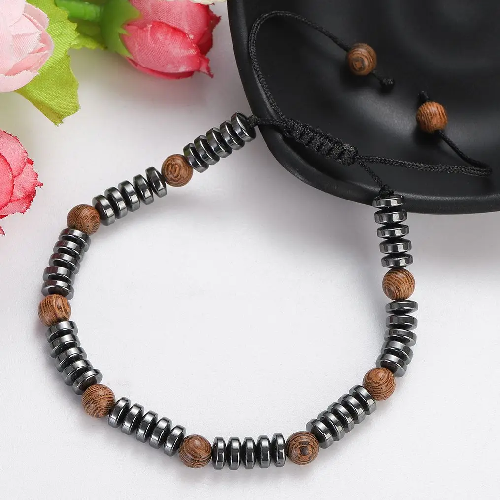 Natural Black Hematite Wood Beads Weaving Bracelet for Women Men Handmade Adjustable Rope Bracelets Homme Yoga Jewelry pulsera