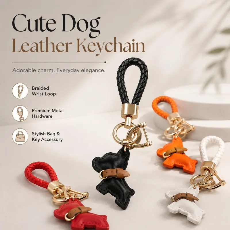 Cute Dog PU Leather Keychain with Braided Wrist Strap, Metal Clasp Key Ring Handbag Charm Car Key Accessory Gift for Women Men