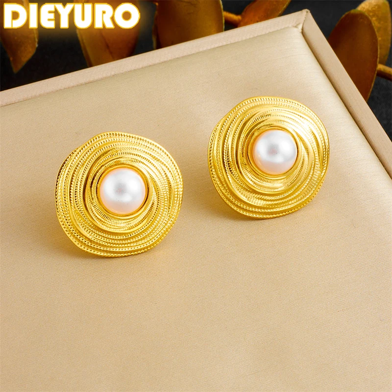 DIEYURO 316L Stainless Steel Golden Fashion Coil Weaving Inlaid With Pearl Earring For Womens New Trend Fashion Ear Jewelry Gift