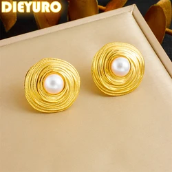 DIEYURO 316L Stainless Steel Golden Fashion Coil Weaving Inlaid With Pearl Earring For Womens New Trend Fashion Ear Jewelry Gift