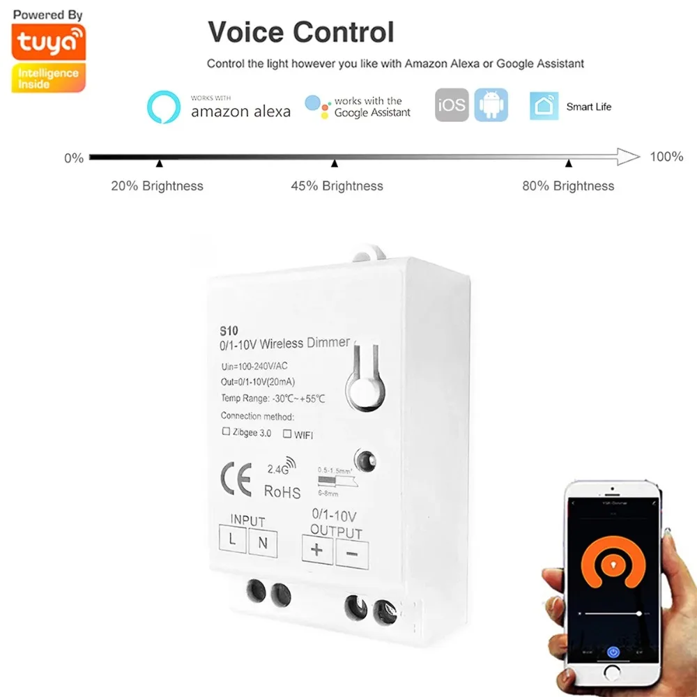 AC 100-240V Tuya WiFi Controller LED Lights Dimmer 0/1-10V Smart Home APP Wireless Control Voice Works with Alexa Google Home