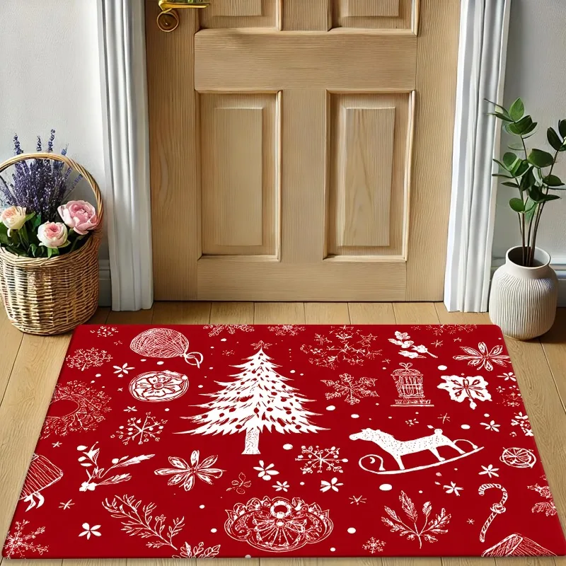Red Christmas Sketch Tree Doormat Rocking Horse Ornament Snowflake Print Entry Floor Mat Xmas Holiday Front Door Home Decoration