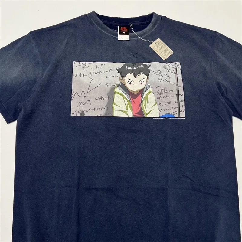 

25SS SAINT MICHAEL Cartoon Print T Shirt Men Women 1:1 Best Quality Washed Blue T-shirt Top Tees