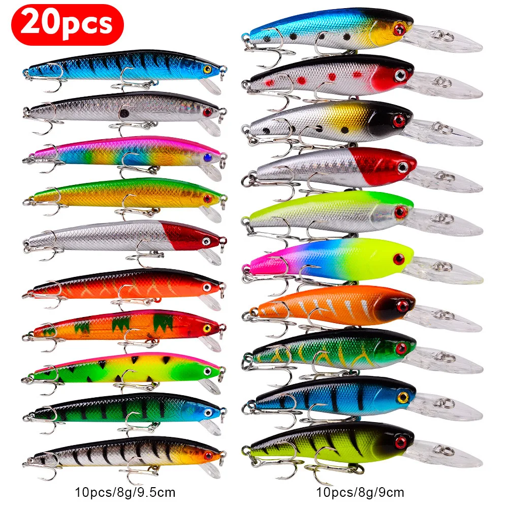 

New 20 piece hard bait minnow bait, bass freshwater fishing equipment bait kit