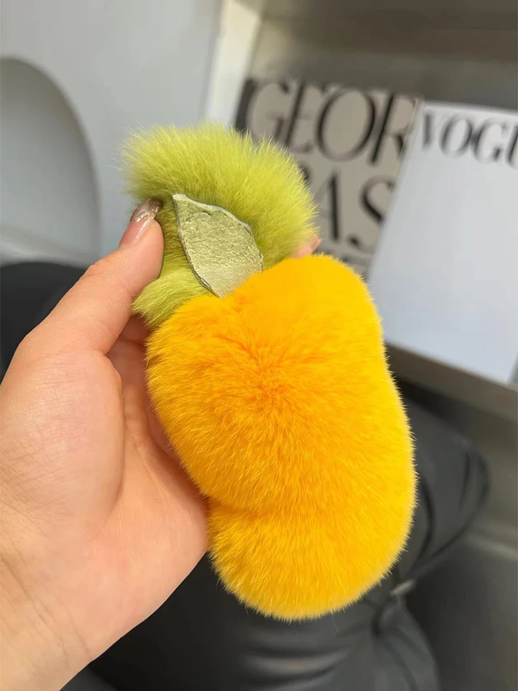 Real Natural Rabbit Fur Plush Mango Doll Key Rings Funny Car Keychain Handmade Cartoon Keyring Bag Accessories Pendant Toys