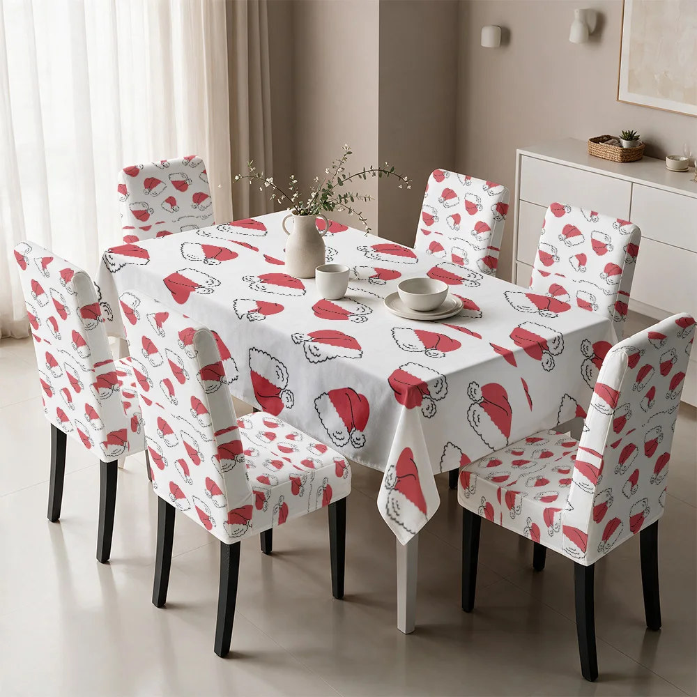 Cute Santa Claus Print Dining Chair Covers and Tablecloth for Festive Holiday Table Setting
