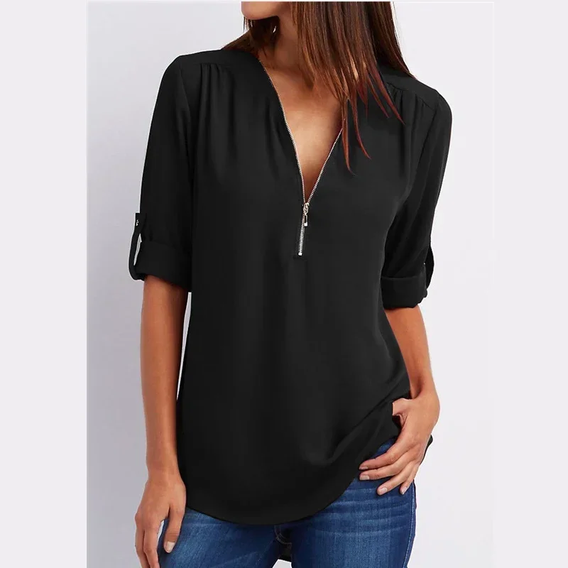 Women Shirts Summer Autumn Casual V-neck Chiffon Blouse Woman Top Long Sleeve Female Shirt Black White Ladies Blouses Shirt-CH21