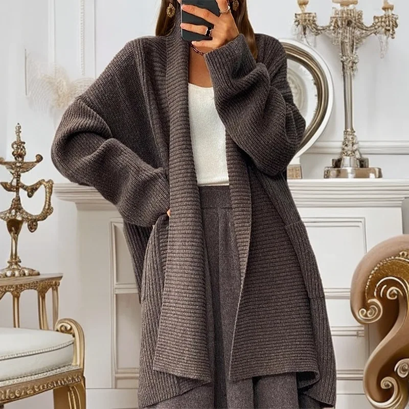 2025 Autumn and Winter New Women's Thick Medium Long Solid Color Knitted Cardigan Loose Pocket Sweater Jacket