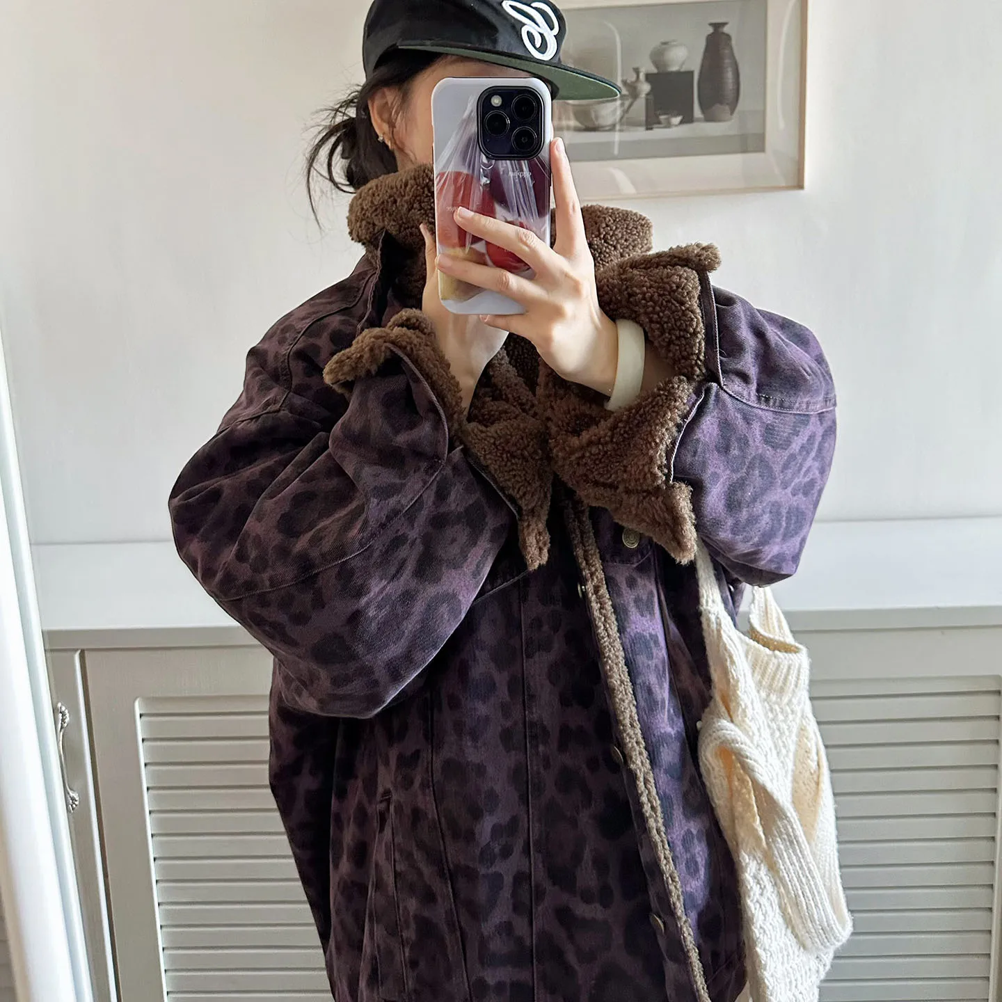 

Пальто YesRabbit винтажное с леопардовым принтом, фиолетовое, с эффектом выцветания, с меховым воротником, средней длины, с воротником-стойкой, теплое, хлопковое