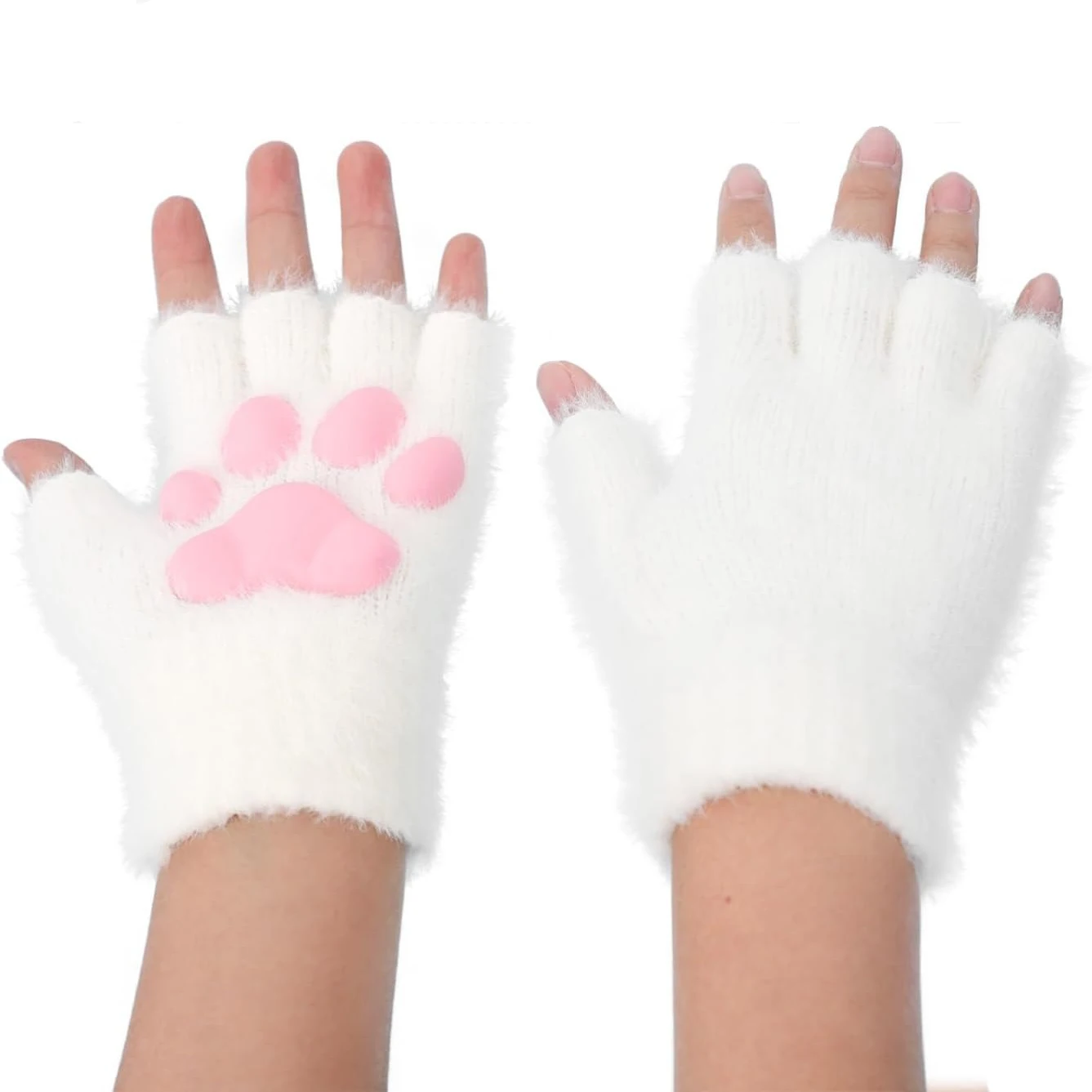 Cloth Plush Warm Cat Paw Gloves, Cute Pink 3D Cat Paw Pads Gloves Fingerless Winter Cold Weather Mittens for Women Girls