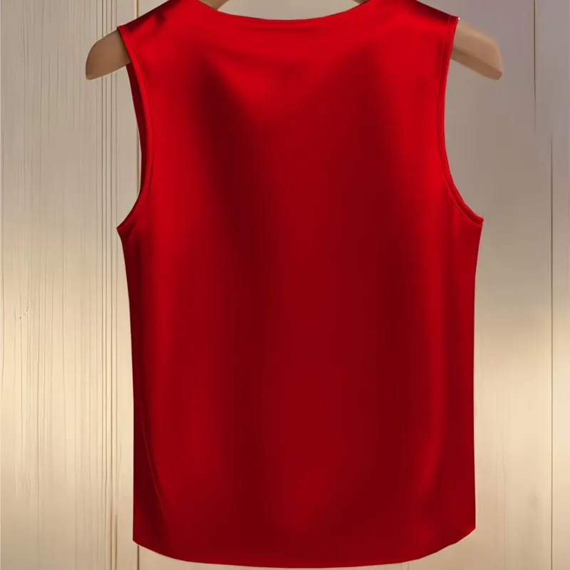 Elegant Women  Fashion Silky Satin Solid Vest Tops Summer O-neck With Faux Pearl Loose Blousecasual Loose Sleeveless Tank Top