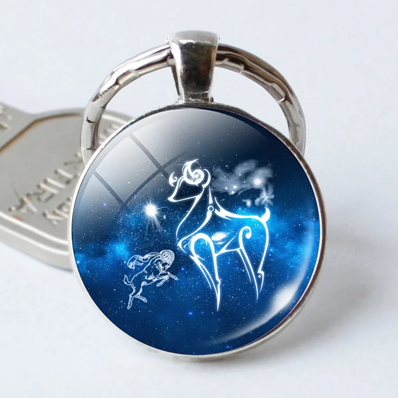 Popular Jewelry Glass Pendant Key Chain Twelve Constellation Elements Keyring Pendant Unisex Gifts for Family or Friends