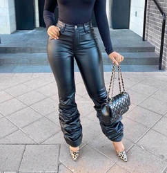 Women's Leather Pants Fashionable Warm Button Zipper Elastic Stack Leather Pants Street Style Hip-Hop Casual Retro Leather Pants