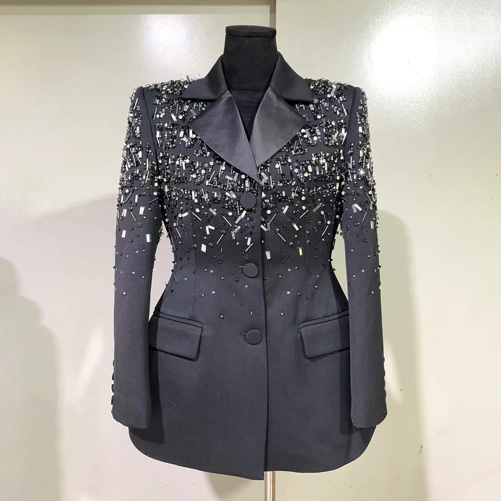 TWOTWINSTYLE Solid Casual Blazers For Women Notched Collar Long Sleeve Tunic Patchwork Diamonds Chic Blazer Female Fashion Style