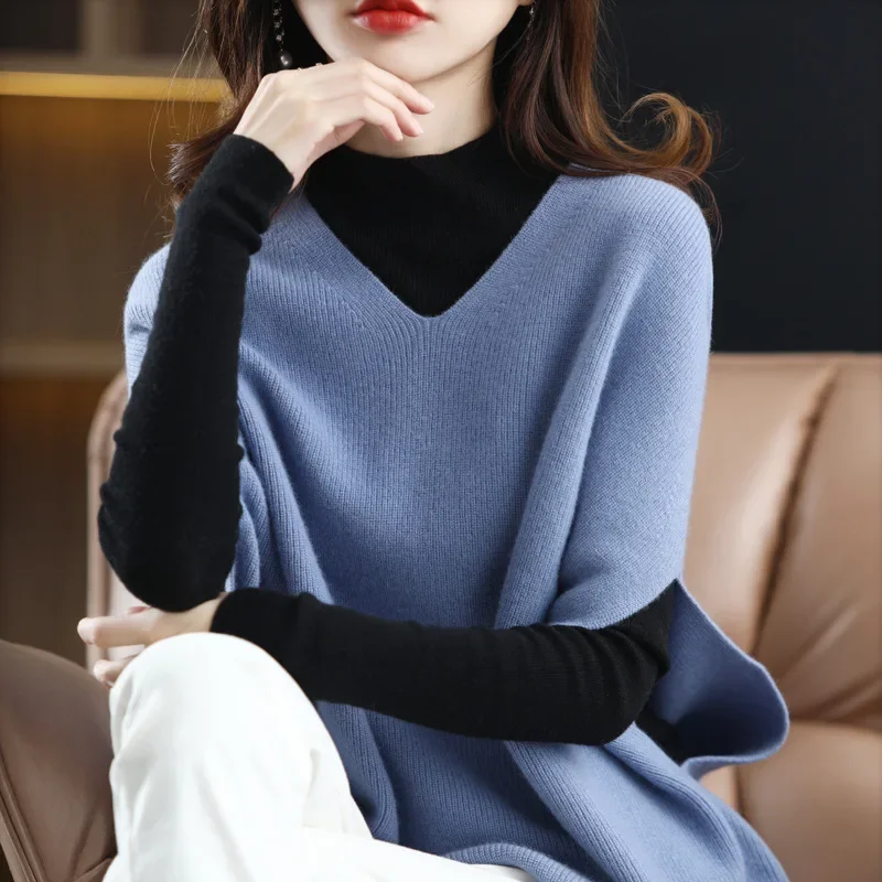 Sweater rajutan lengan panjang leher V Wanita kasual mode baru sweater rajutan sayap kelelawar Solid longgar polos rompi pakaian rajut musim gugur