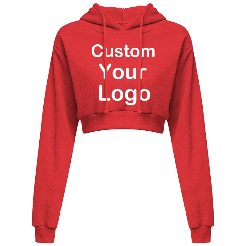 Customized Logo Print Crop Hoodie Women Spring Autumn Pullovers Ladies Solid Color Drawstring Hooded Full Sleeve Sweatshirt