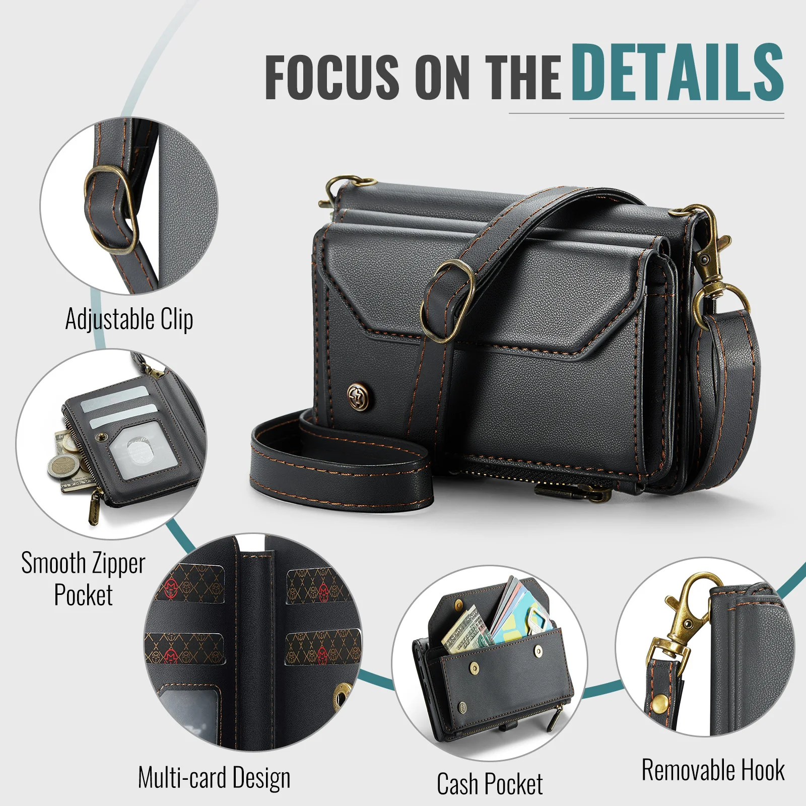 Caseme-C36 Luxury RFID Blocking Wallet Case For Samsung Galaxy Z Fold8 PU Leather Flip Cover Adjustable Crossbody Strap Zipper