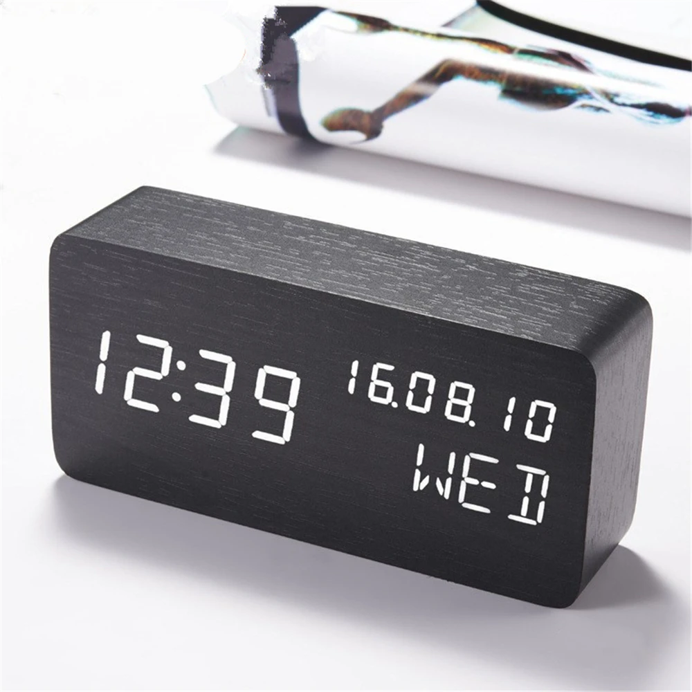 Alarm Clock LED Wooden Watch Table Voice Control Digital Wood Despertador Electronic Desktop Clocks With Temperature