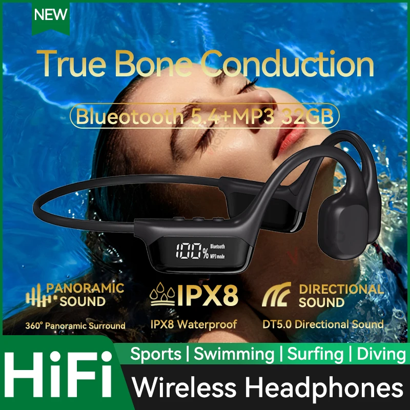 Bone Conduction Wireless Headphone IPX8 Waterproof Swimming Headset Bluetooth 5.4 32GB RAM MP3 Player HIFI Music Sports Earphone