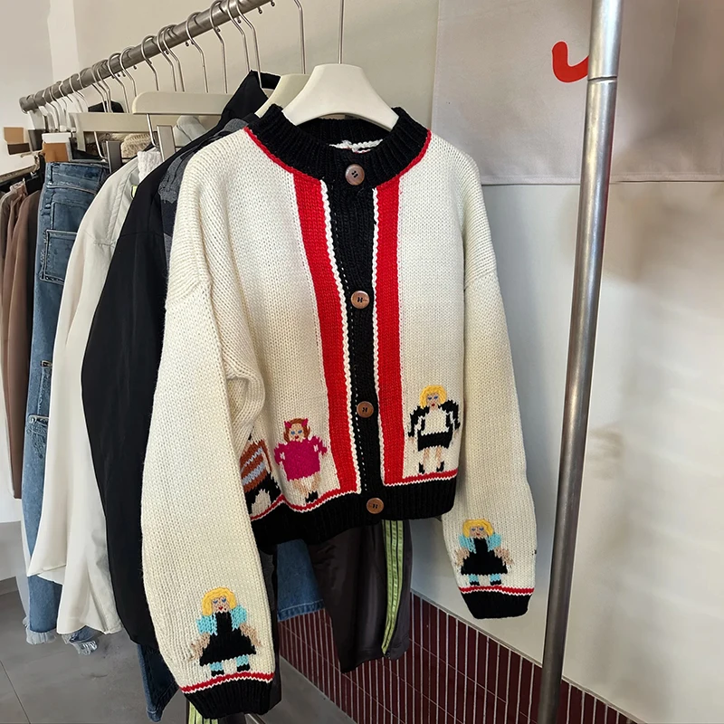 

Uruguayan Early Spring 2026 Loose Faionable Character Embroidery Single Button Color Blo Sweater Cardigan Women