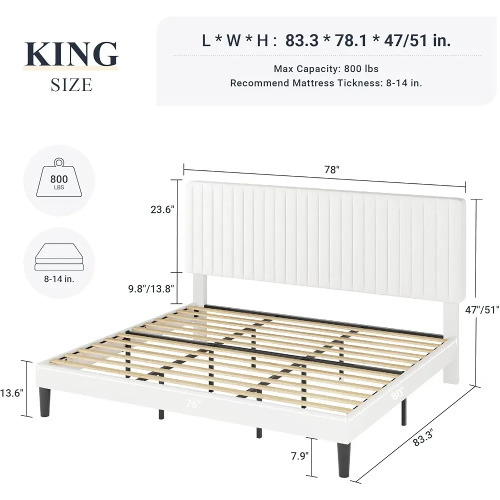 King-size bed frame, velvet upholstered platform bed, adjustable vertical headboard, mattress base with wooden slats