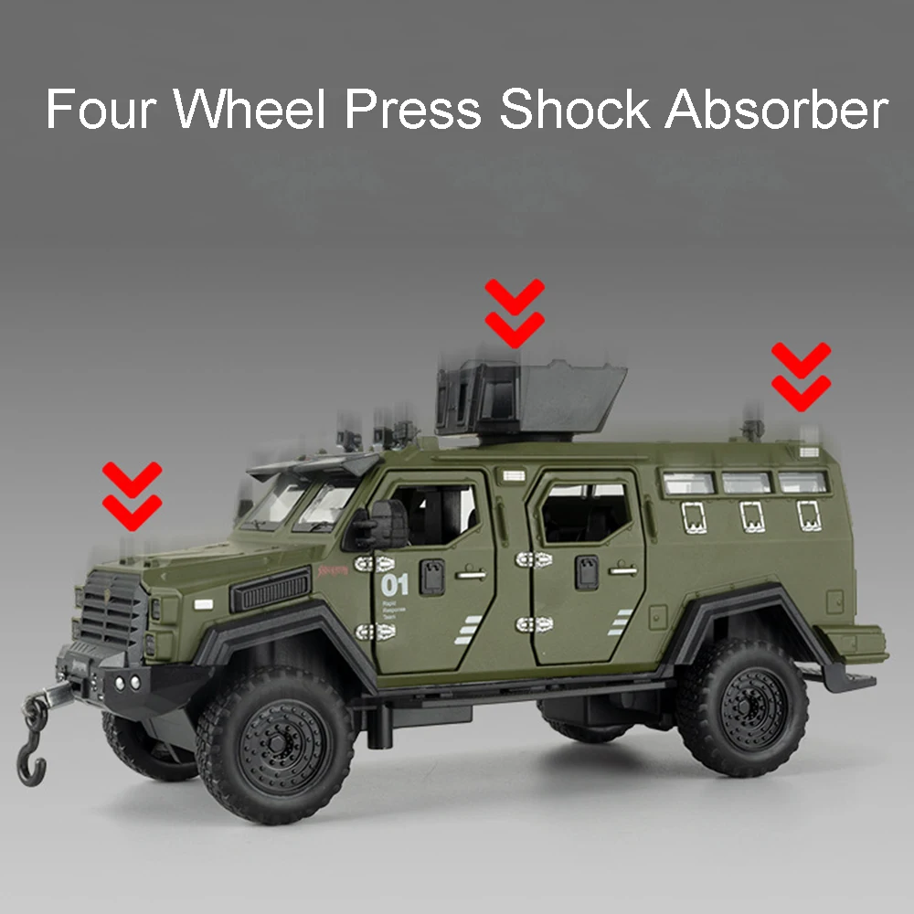 1:32 Sword Toothed Tiger Armored Cars Metal Diecast Miniature Off-road Vehicles Sound Light Doors Opened Pull Back for Kid Gifts