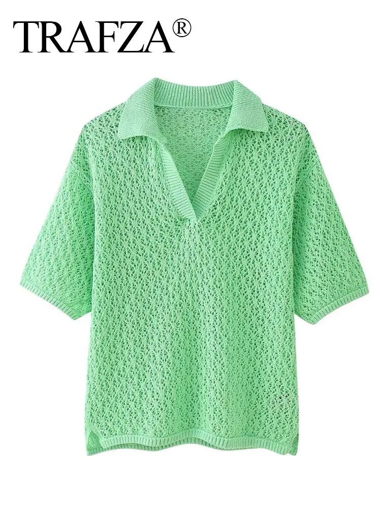Trafza เสื้อเสื้อกันหนาวแบบถักแฟชั่นของผู้หญิง3สีล้วนสำหรับฤดูร้อน