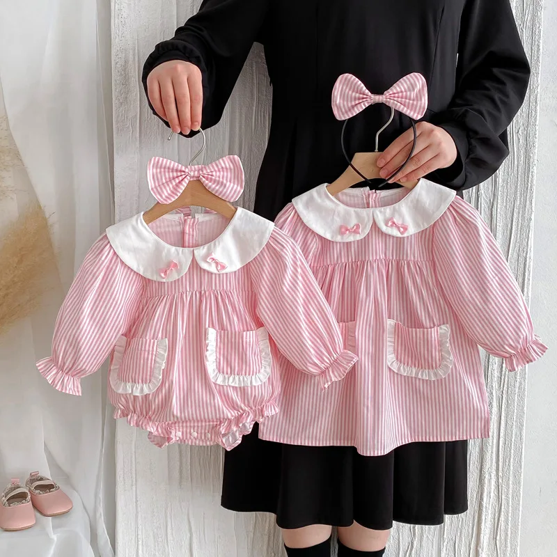 

2025 New Baby Girls Rompers Dress Long Sleeve Striped Outfits Twin Sister Matching Clothes Infant Autumn Outfit Toddler Dress