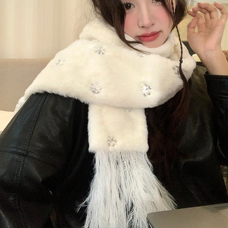 

Winter Thickened Tassel Scarf Sequins Snowflake Plush Warm Scarf Faux Rabbit Plush Sweet Women Y2K Winter JK Accessories