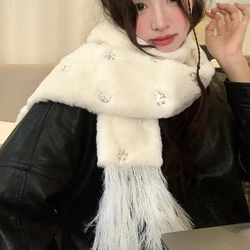 Winter Thickened Tassel Scarf Sequins Snowflake Plush Warm Scarf Faux Rabbit Plush Sweet Women Y2K Winter JK Accessories