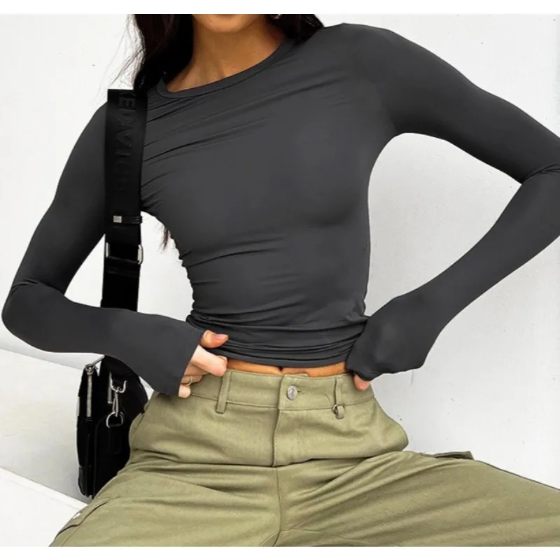 

2026 Spring and Summer Women's New Solid Color Round Neck Slim-fit Bottoming Shirt Long-sleeved T-shirt Top