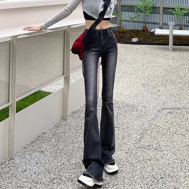 High-waisted micro flare jeans female spring new burlap design versatile elastic tight thin horseshoe pants tide