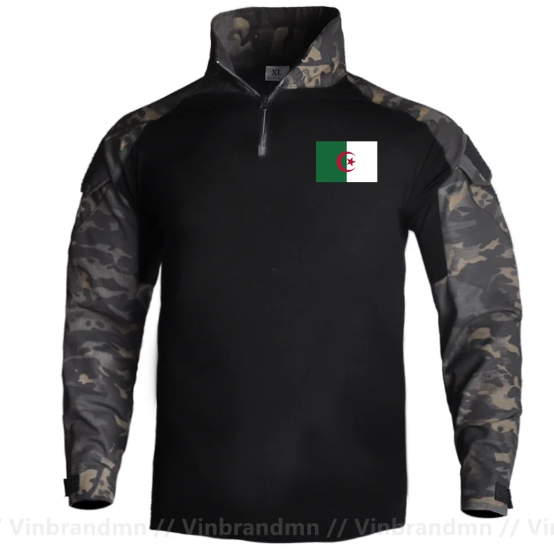 Algeria Flag Design Men's Long Sleeve Combat Uniform Shirt 14 Zipper Ripstop Cotton Tactical T-Shirts Hunting Fishing Clothing