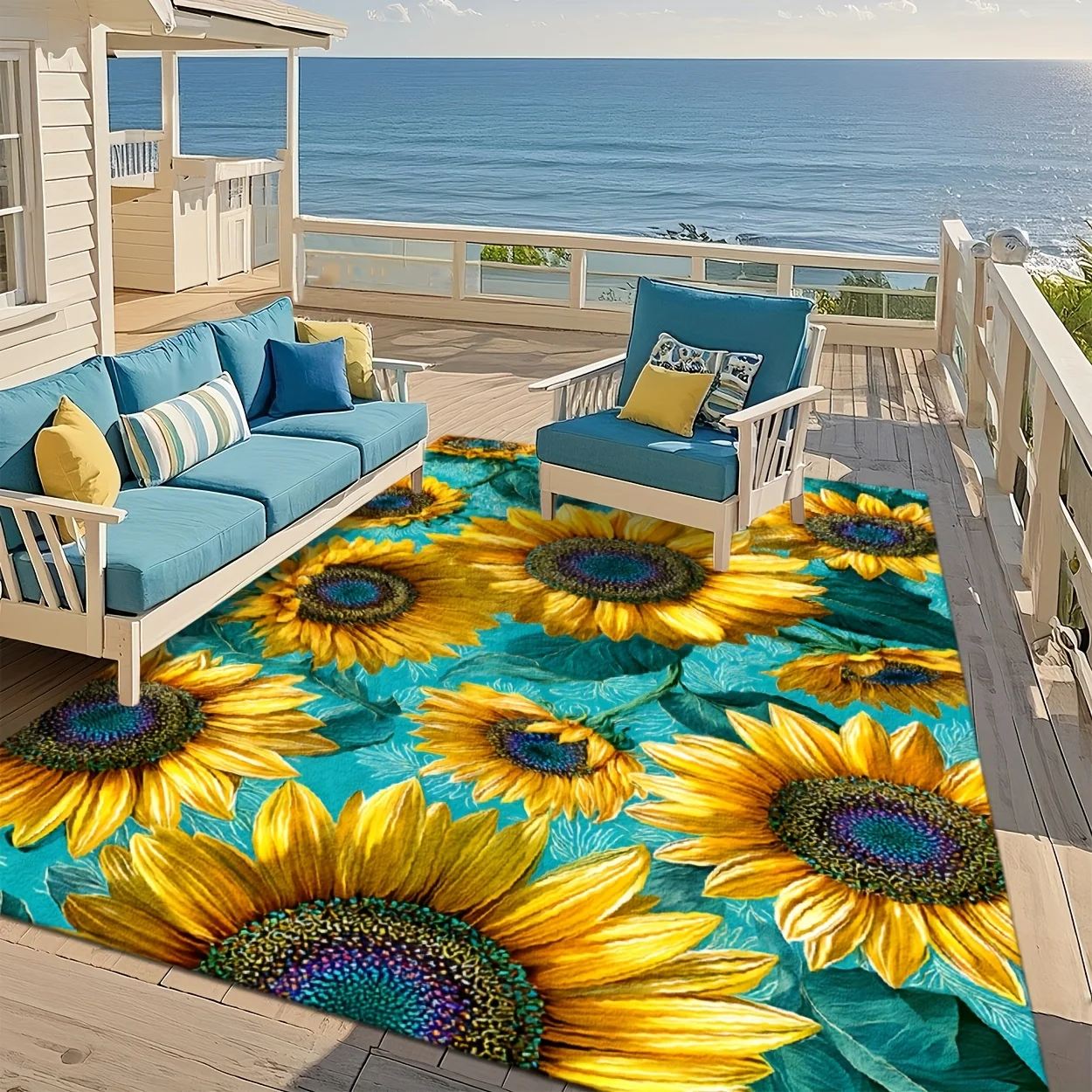 2D Flat Bright Sunflowers Teal Background Artistic Flannel Area Rug Non Slip Summer Floral Carpet For Patio Living Room