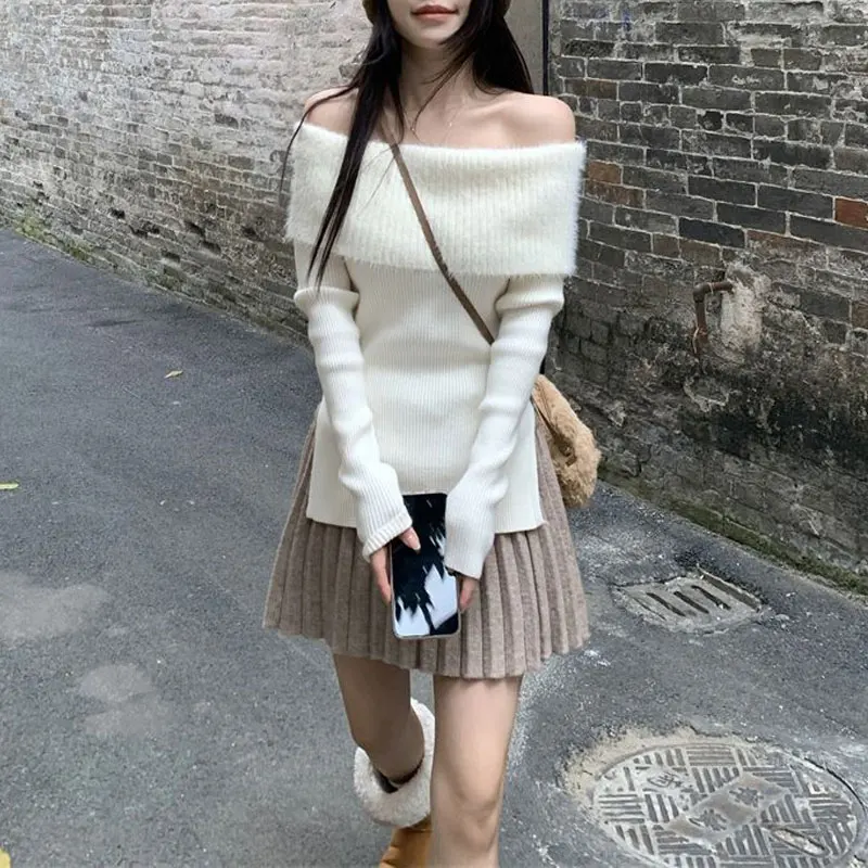 

Gentle Slash Neck Aura Knitted Pullovers Female Clothing Long Sleeve Autumn Winter Solid Color Basic Slim Fashion Split Sweaters
