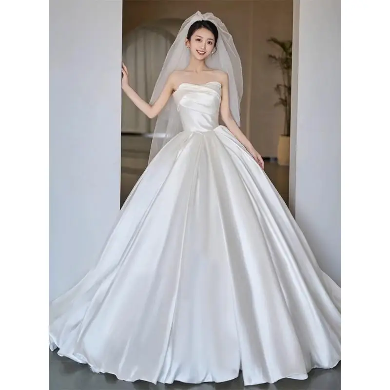 Strapless Satin Light Main Wedding Dress Bride's Premium Texture A Version French Retro Big Tail Dress Small  Customized